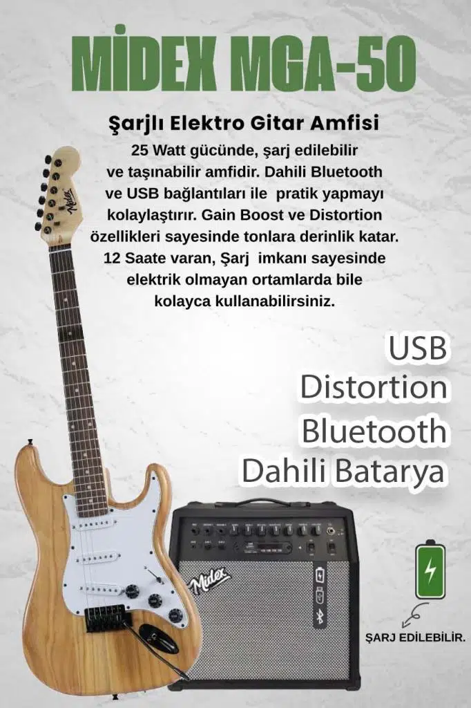 Midex RPH-320WD-50AMP Ahşap Renk Strat Kasa SSS 50W Amfili Elektro Gitar Seti