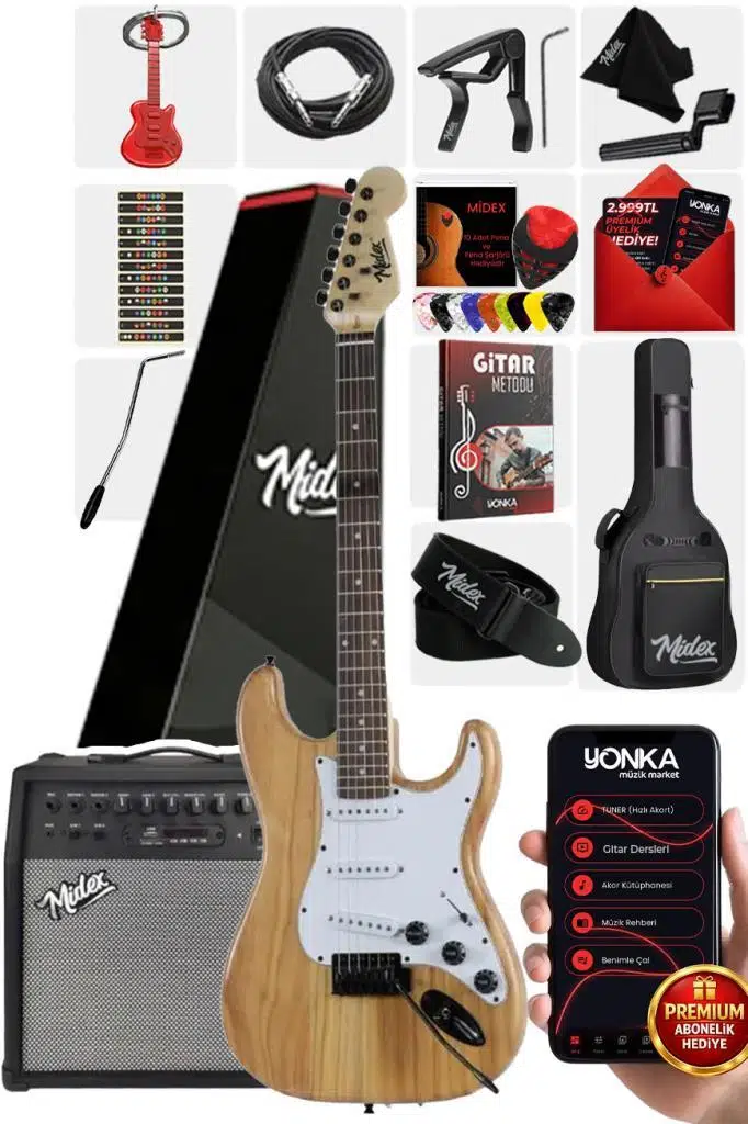 Midex RPH-320WD-50AMP Ahşap Renk Strat Kasa SSS 50W Amfili Elektro Gitar Seti Midex RPH-320WD-50AMP Ahşap Renk Strat Kasa SSS 50W Amfili Elektro Gitar Seti