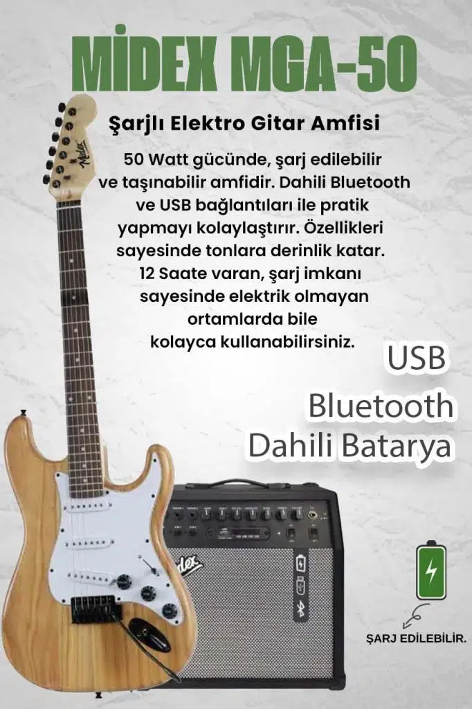 Midex RPH-320WD-50AMP Ahşap Renk Strat Kasa SSS 50W Amfili Elektro Gitar Seti Midex RPH-320WD-50AMP Ahşap Renk Strat Kasa SSS 50W Amfili Elektro Gitar Seti