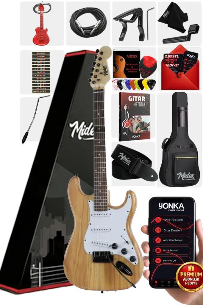 Midex RPH-320WD Ahşap Renk Strat Kasa SSS Elektro Gitar Seti Midex RPH-320WD Ahşap Renk Strat Kasa SSS Elektro Gitar Seti