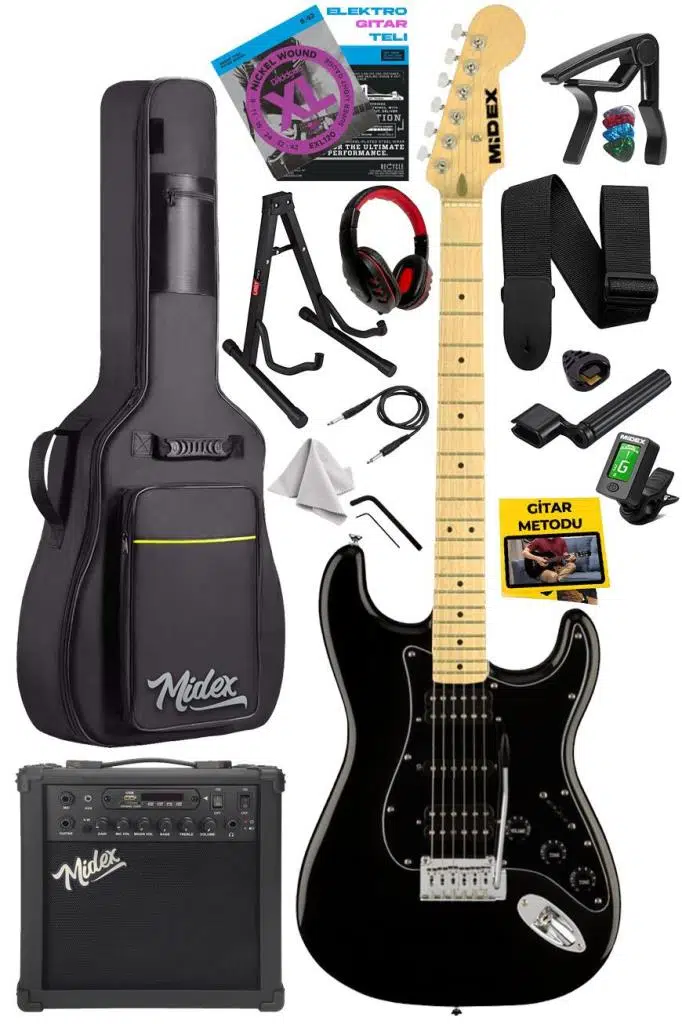 Midex RPH-40BK-25AMP Elektro Gitar Seti 25 WATT GAİN`Lİ Bluetooth Şarjlı Amfi ve Full SET