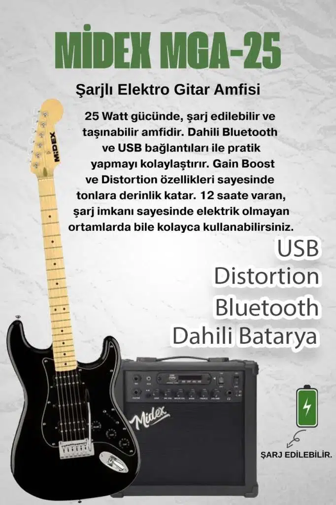 Midex RPH-40BK-25AMP Elektro Gitar Seti 25 WATT GAİN`Lİ Bluetooth Şarjlı Amfi ve Full SET