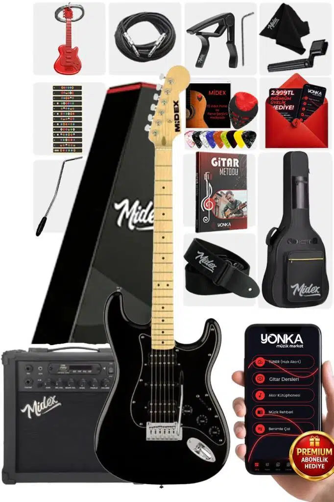 Midex RPH-40BK-25AMP Elektro Gitar Seti 25 WATT GAİN'Lİ Bluetooth Şarjlı Amfi ve Full SET