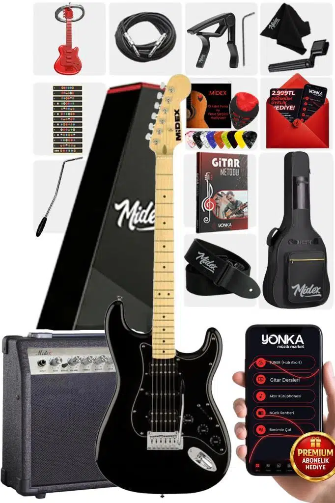 Midex RPH-40BK-30AMP Full Black 30W Amfili Elektro Gitar Seti HSH Manyetik Maple Klavye Üst Kalite