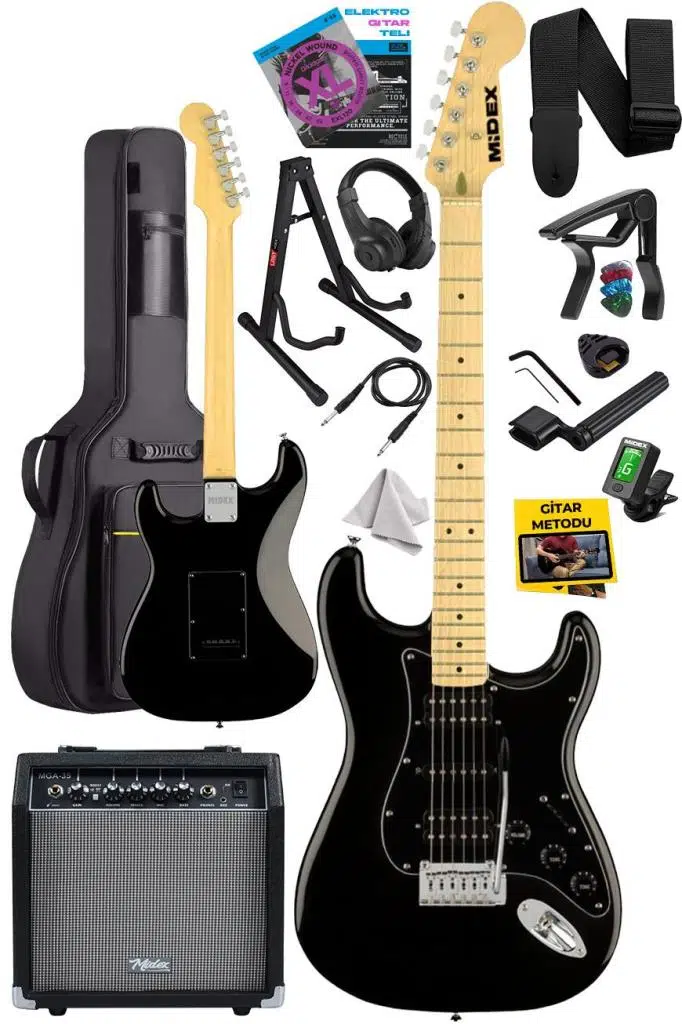 Midex RPH-40BK-35AMP Full Black 35W BT Amfili Elektro Gitar Seti HSH Manyetik Maple Klavye