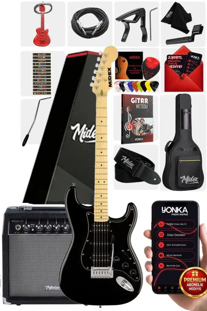 Midex RPH-40BK-35AMP Full Black 35W BT Amfili Elektro Gitar Seti HSH Manyetik Maple Klavye