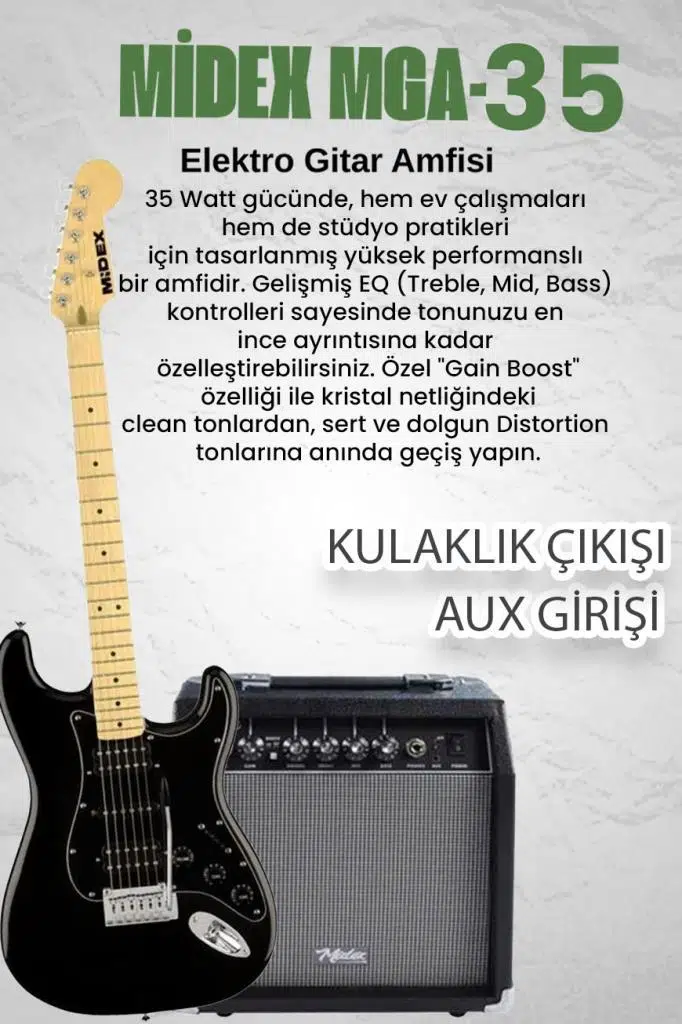 Midex RPH-40BK-35AMP Full Black 35W BT Amfili Elektro Gitar Seti HSH Manyetik Maple Klavye