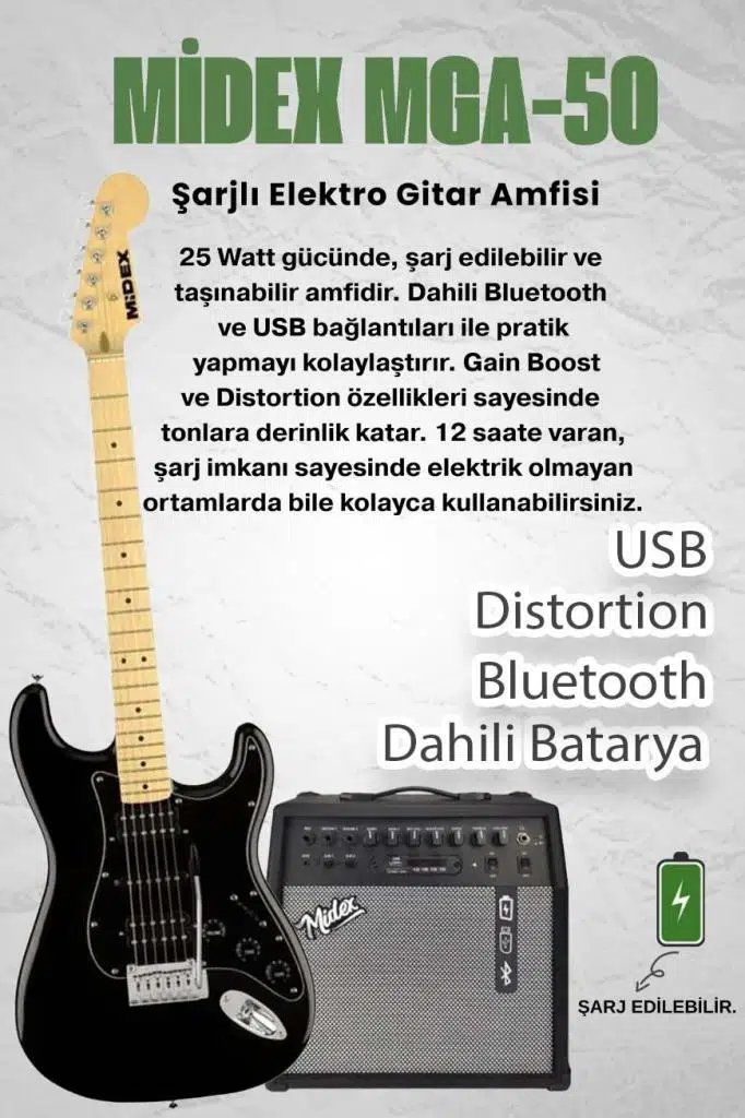 Midex RPH-40BK-50AMP Full Black 50W Şarjlı BT Amfili Elektro Gitar Seti HSH Manyetik Maple Klavye Midex RPH-40BK-50AMP Full Black 50W Şarjlı BT Amfili Elektro Gitar Seti HSH Manyetik Maple Klavye
