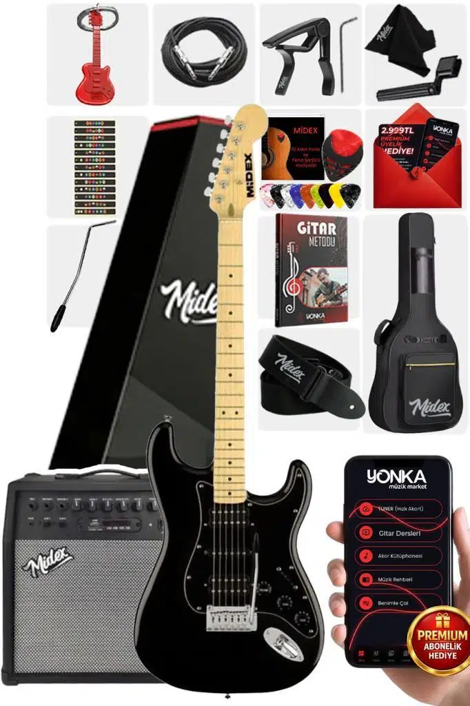 Midex RPH-40BK-50AMP Full Black 50W Şarjlı BT Amfili Elektro Gitar Seti HSH Manyetik Maple Klavye Midex RPH-40BK-50AMP Full Black 50W Şarjlı BT Amfili Elektro Gitar Seti HSH Manyetik Maple Klavye