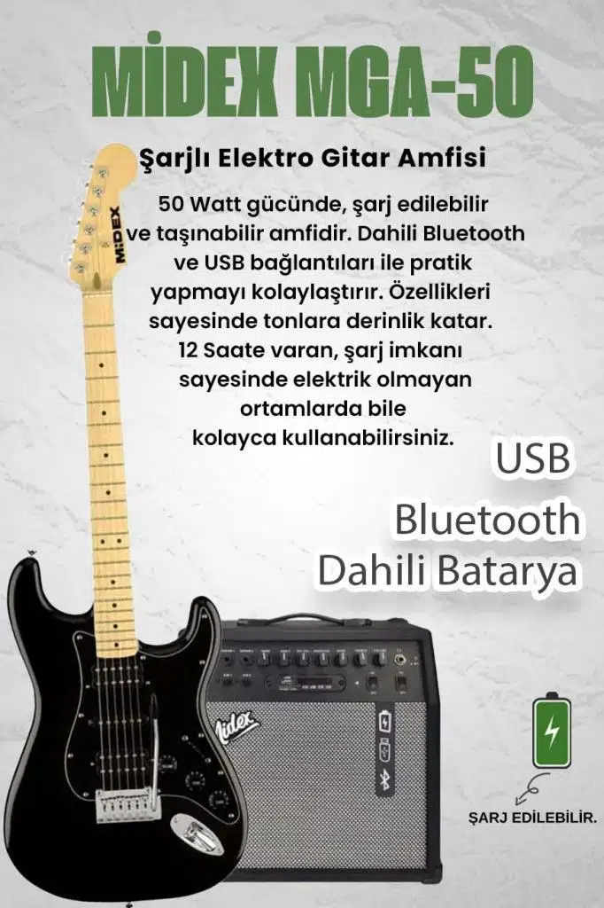 Midex RPH-40BK-50AMP Full Black 50W Şarjlı BT Amfili Elektro Gitar Seti HSH Manyetik Maple Klavye Midex RPH-40BK-50AMP Full Black 50W Şarjlı BT Amfili Elektro Gitar Seti HSH Manyetik Maple Klavye