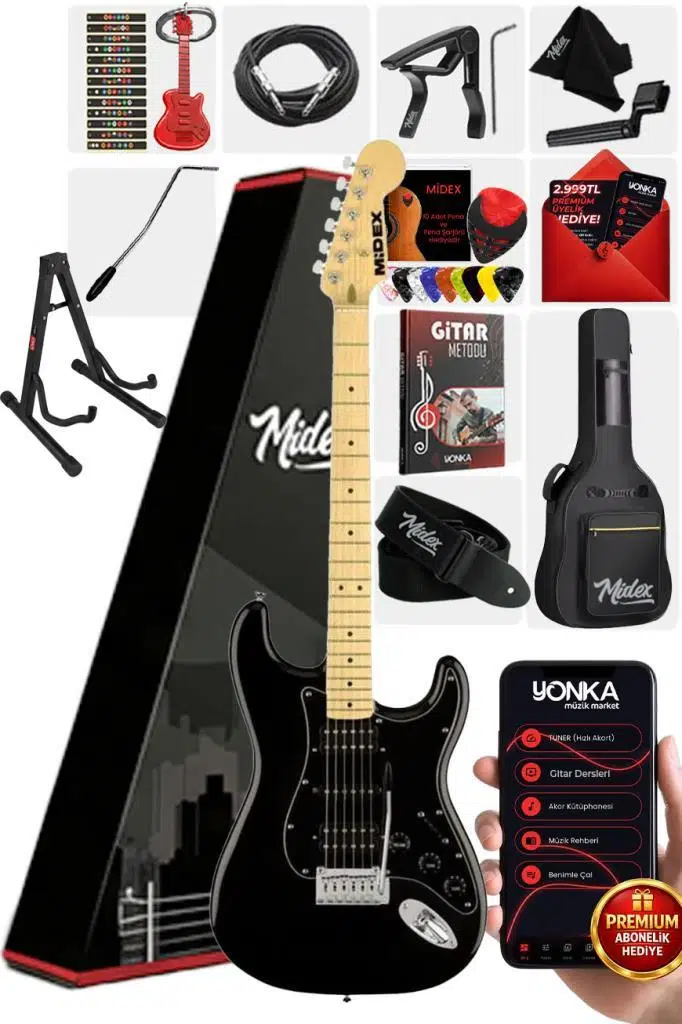 Midex RPH-40BK-ST Full Black Elektro Gitar Seti HSH Manyetik Maple Klavye Üst Kalite