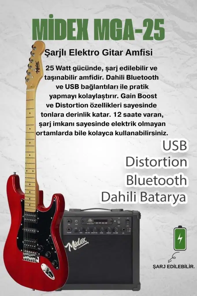 Midex RPH-40RD-25AMP 25W Şarjlı BT Amfili Elektro Gitar Seti HSH Manyetik Maple Klavye Midex RPH-40RD-25AMP 25W Şarjlı BT Amfili Elektro Gitar Seti HSH Manyetik Maple Klavye