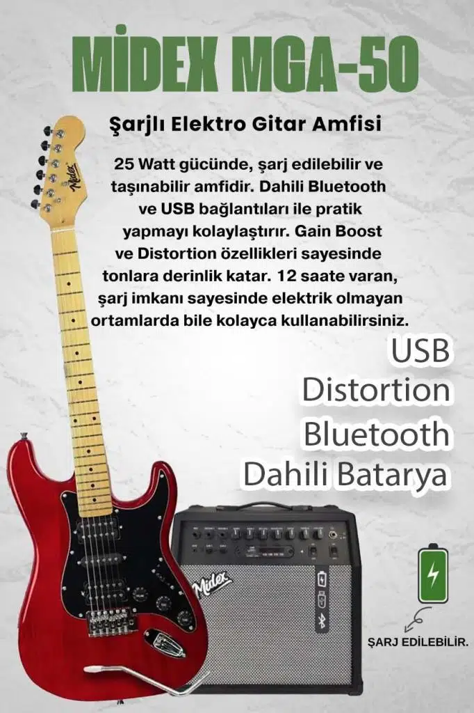 Midex RPH-40RD-50AMP 50W Şarjlı BT Amfili Elektro Gitar Seti HSH Manyetik Maple Klavye Midex RPH-40RD-50AMP 50W Şarjlı BT Amfili Elektro Gitar Seti HSH Manyetik Maple Klavye