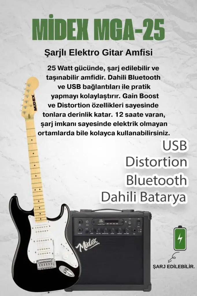 Midex RPH-40WB-25AMP Siyah Beyaz 25W Şarjlı BT Amfili Elektro Gitar Seti HSH Manyetik Maple Klavye Midex RPH-40WB-25AMP Siyah Beyaz 25W Şarjlı BT Amfili Elektro Gitar Seti HSH Manyetik Maple Klavye