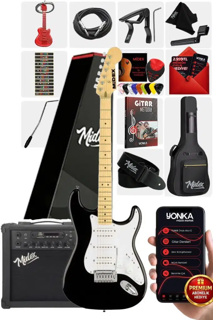 Midex RPH-40WB-25AMP Siyah Beyaz 25W Şarjlı BT Amfili Elektro Gitar Seti HSH Manyetik Maple Klavye