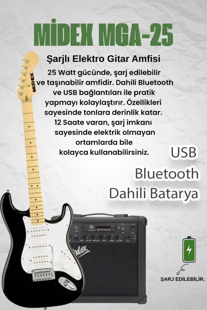 Midex RPH-40WB-25AMP Siyah Beyaz 25W Şarjlı BT Amfili Elektro Gitar Seti HSH Manyetik Maple Klavye Midex RPH-40WB-25AMP Siyah Beyaz 25W Şarjlı BT Amfili Elektro Gitar Seti HSH Manyetik Maple Klavye