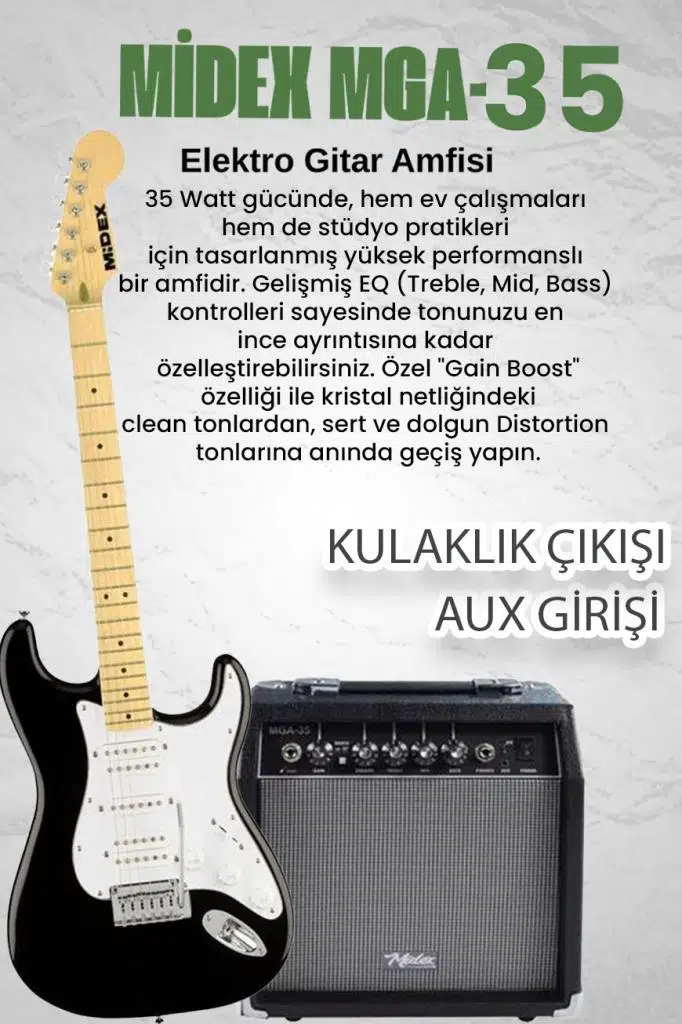 Midex RPH-40WB-35AMP 35W Şarjlı Amfili Elektro Gitar Seti HSH Manyetik Maple Klavye Midex RPH-40WB-35AMP 35W Şarjlı Amfili Elektro Gitar Seti HSH Manyetik Maple Klavye