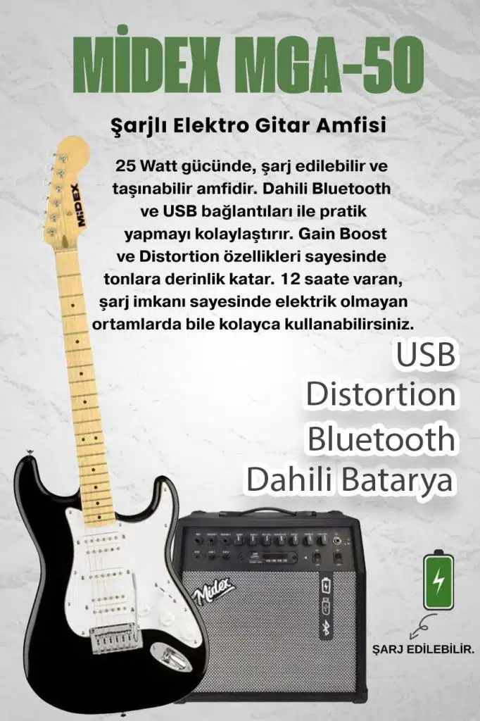 Midex RPH-40WB-50AMP Siyah Beyaz 50W Şarjlı BT Amfili Elektro Gitar Seti HSH Manyetik Maple Klavye Midex RPH-40WB-50AMP Siyah Beyaz 50W Şarjlı BT Amfili Elektro Gitar Seti HSH Manyetik Maple Klavye