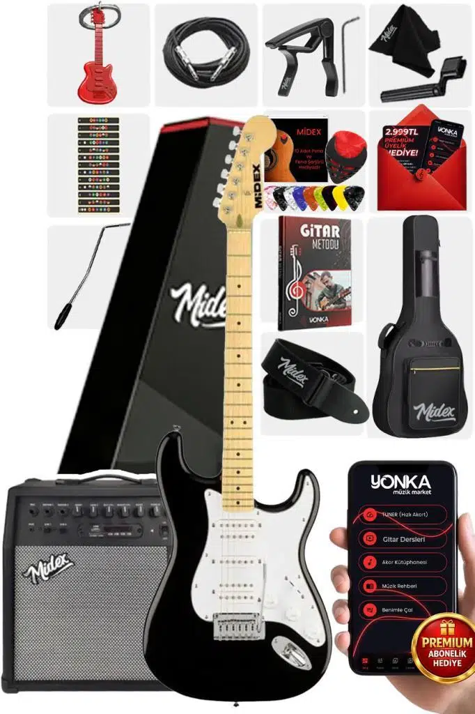 Midex RPH-40WB-50AMP Siyah Beyaz 50W Şarjlı BT Amfili Elektro Gitar Seti HSH Manyetik Maple Klavye