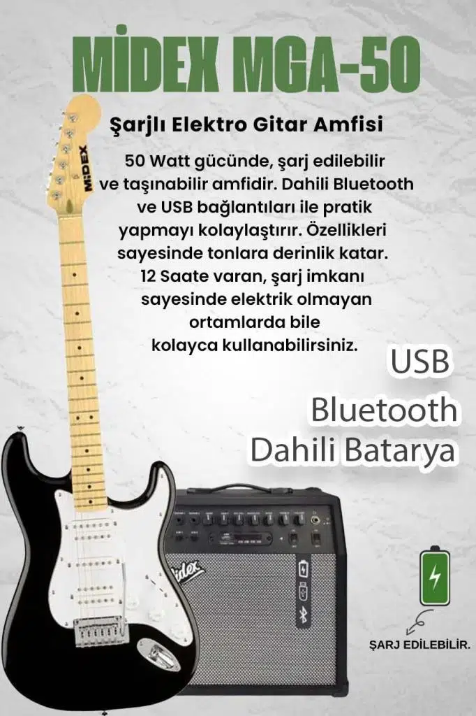 Midex RPH-40WB-50AMP Siyah Beyaz 50W Şarjlı BT Amfili Elektro Gitar Seti HSH Manyetik Maple Klavye