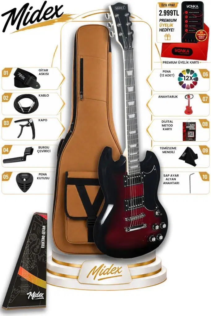 Midex SG-Special-RDS Profesyonel SG Kasa HH Elektro Gitar Seti Kırmızı Sunburs Midex SG-Special-RDS Profesyonel SG Kasa HH Elektro Gitar Seti Kırmızı Sunburs