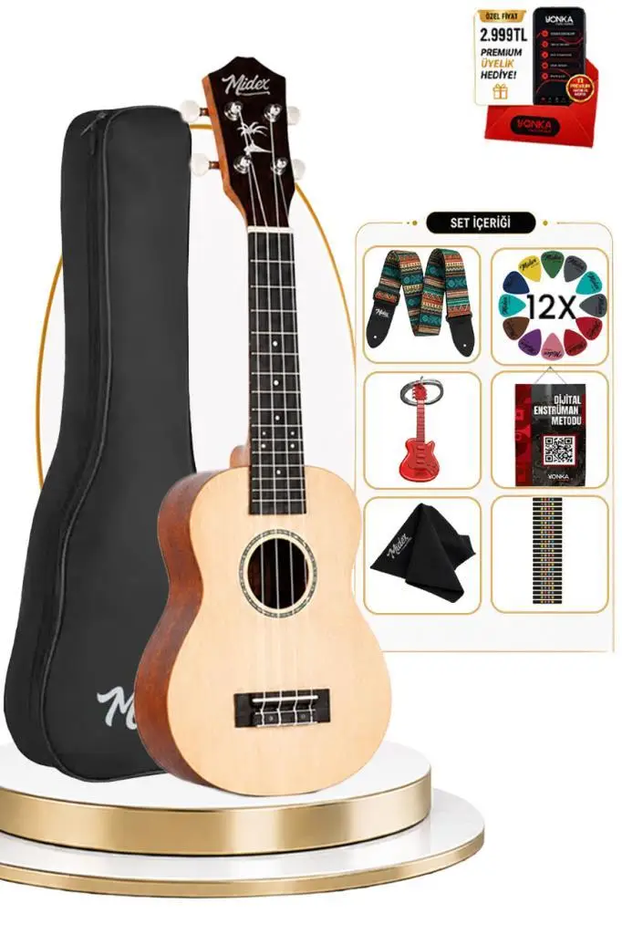 Midex SP-21NT Kaliteli Natural Soprano Sedef İşlemeli Ukulele Seti