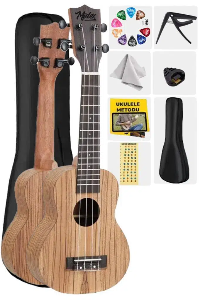 Midex SPA-211 Zebrano Ağacı Kaliteli Soprano Ukulele Seti Midex SPA-211 Zebrano Ağacı Kaliteli Soprano Ukulele Seti