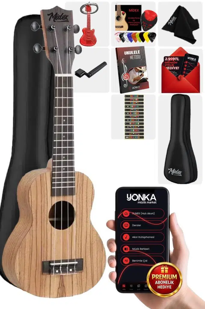 Midex SPA-211 Zebrano Ağacı Kaliteli Soprano Ukulele Seti Midex SPA-211 Zebrano Ağacı Kaliteli Soprano Ukulele Seti