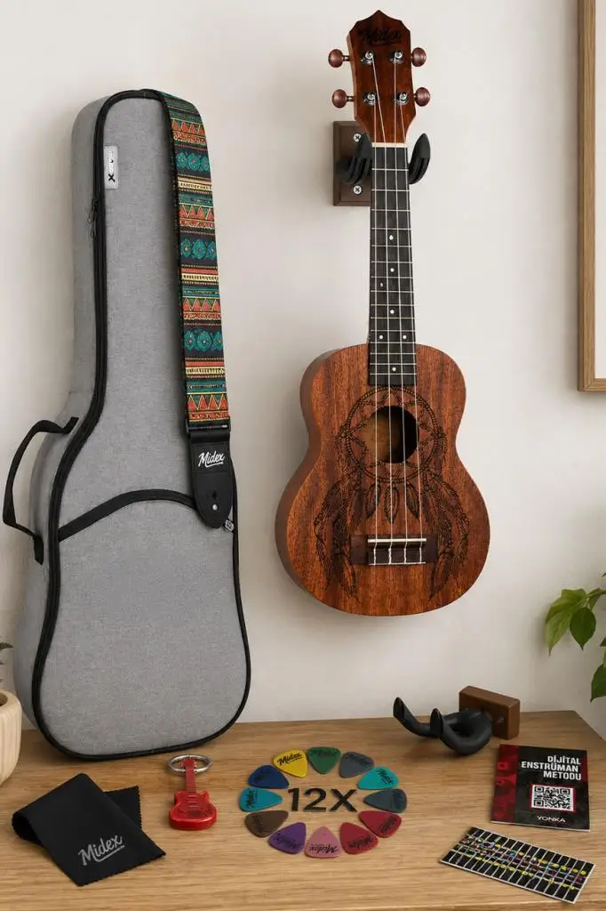 Midex SPA-215MT Kaliteli Dövme Desenli Maun Ağacı Soprano Ukulele Seti