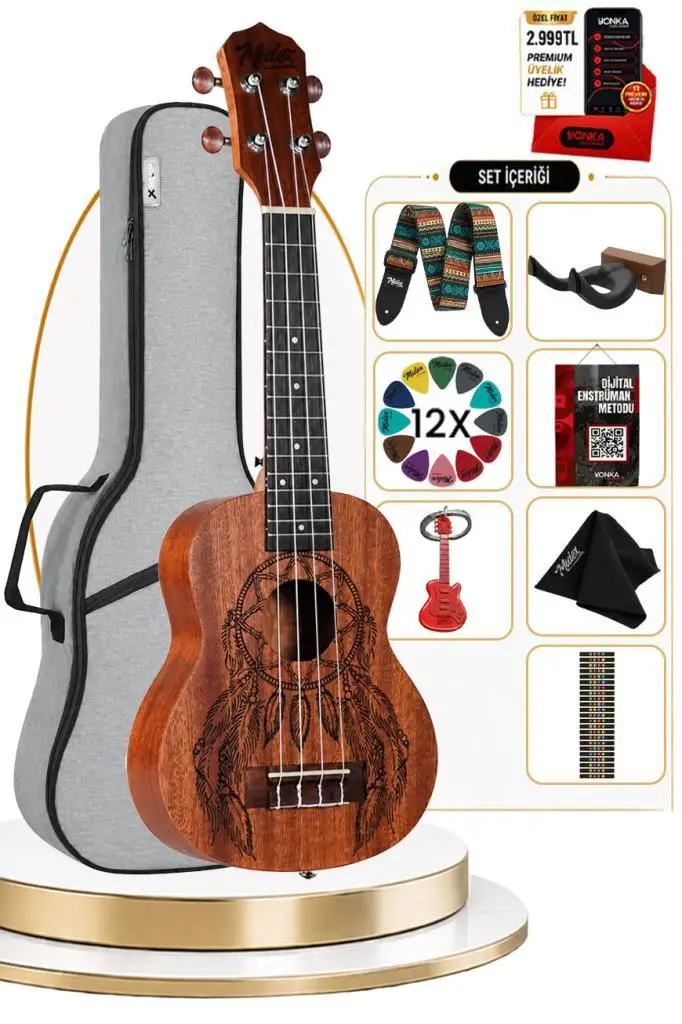 Midex SPA-215MT Kaliteli Dövme Desenli Maun Ağacı Soprano Ukulele Seti