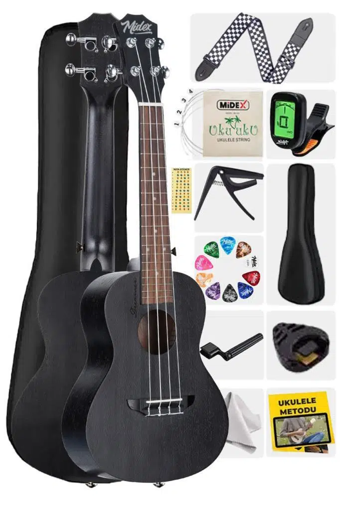 Midex SPA-235BK Maun Ağacı Yüksek Kaliteli Soprano Ukulele Seti Siyah