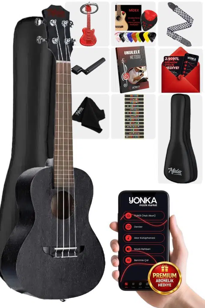 Midex SPA-235BK Maun Ağacı Yüksek Kaliteli Soprano Ukulele Seti Siyah