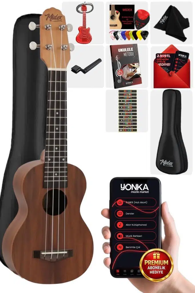 Midex SPA-241 Koa Ağacı Kaliteli Soprano Ukulele Seti
