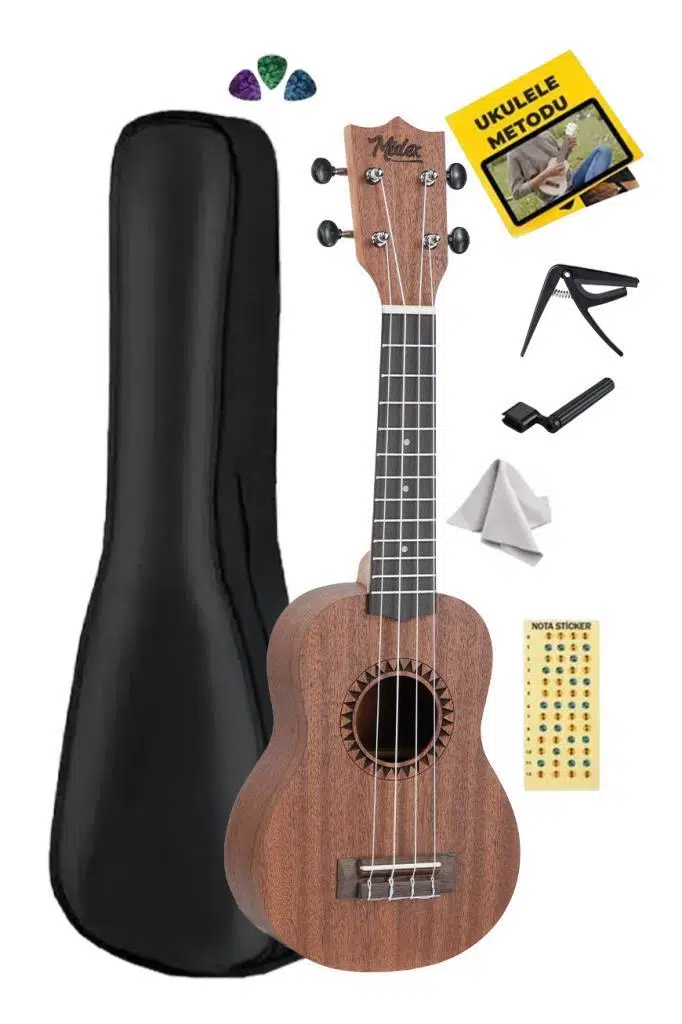 Midex SPA-251 Maun Ağacı Kaliteli Soprano Ukulele Seti Midex SPA-251 Maun Ağacı Kaliteli Soprano Ukulele Seti