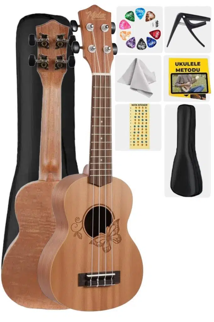 Midex SPA-261 Ladin Ağacı Kelebek Desenli Kaliteli Soprano Ukulele Seti Midex SPA-261 Ladin Ağacı Kelebek Desenli Kaliteli Soprano Ukulele Seti