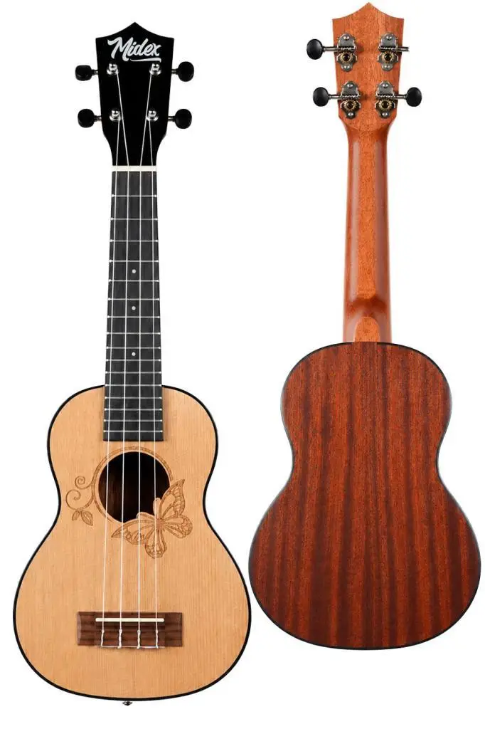 Midex SPA-261 Ladin Ağacı Kelebek Desenli Kaliteli Soprano Ukulele Seti