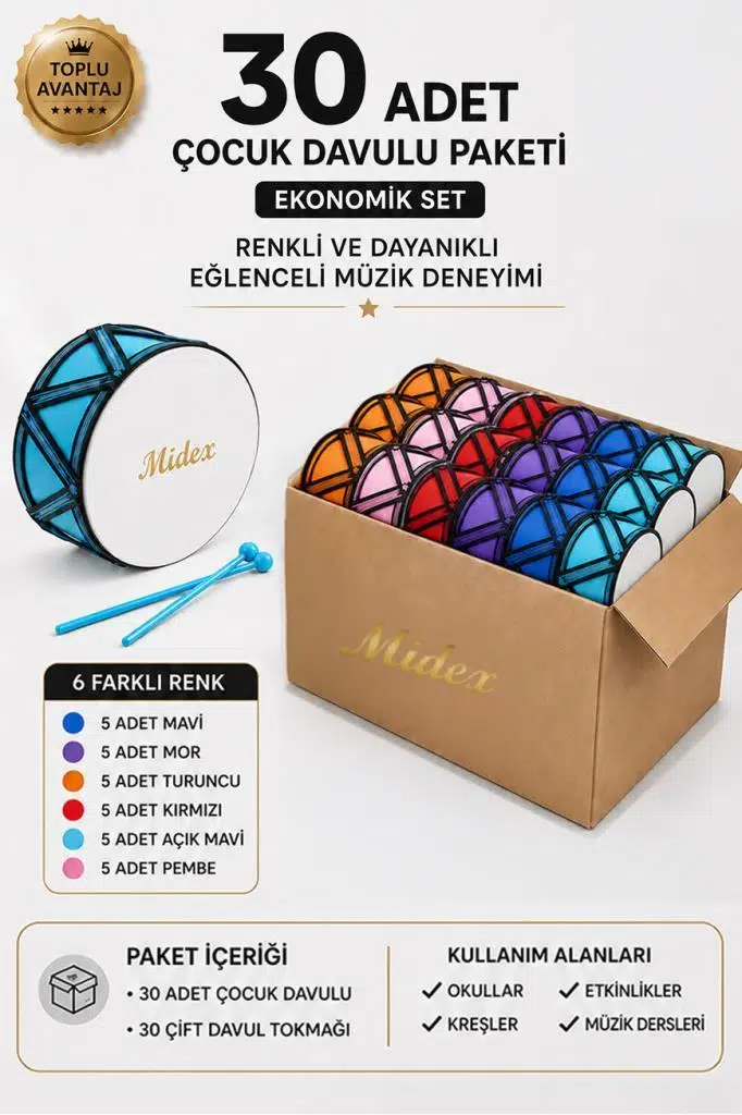 Midex TF-20-30X Örf Aletleri Seti Çocuk Davulu Seti Toptan Paket-1 (6 Renk, 30 Adet) Midex TF-20-30X Örf Aletleri Seti Çocuk Davulu Seti Toptan Paket-1 (6 Renk, 30 Adet)