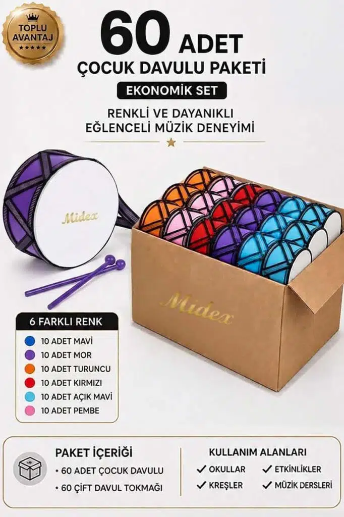 Midex TF-20-60X Örf Aletleri Seti Çocuk Davulu Seti Toptan Paket-2 (6 Renk, 60 Adet) Midex TF-20-60X Örf Aletleri Seti Çocuk Davulu Seti Toptan Paket-2 (6 Renk, 60 Adet)