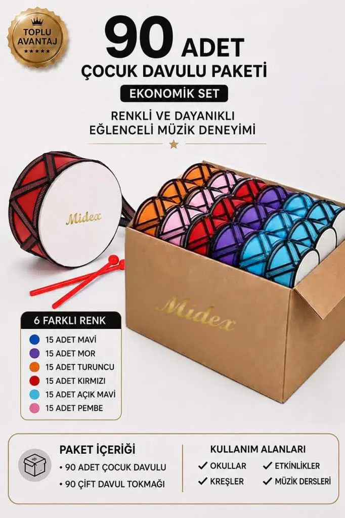 Midex TF-20-90X Örf Aletleri Seti Çocuk Davulu Seti Toptan Paket-3 (6 Renk, 90 Adet) Midex TF-20-90X Örf Aletleri Seti Çocuk Davulu Seti Toptan Paket-3 (6 Renk, 90 Adet)