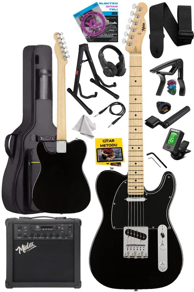 Midex TLX-50BK-25AMP Tele Kasa Maple Klavye 2 Single-Coil 25W Amfili Elektro Gitar
