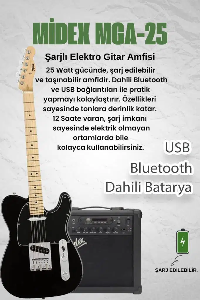Midex TLX-50BK-25AMP Tele Kasa Maple Klavye 2 Single-Coil 25W Amfili Elektro Gitar