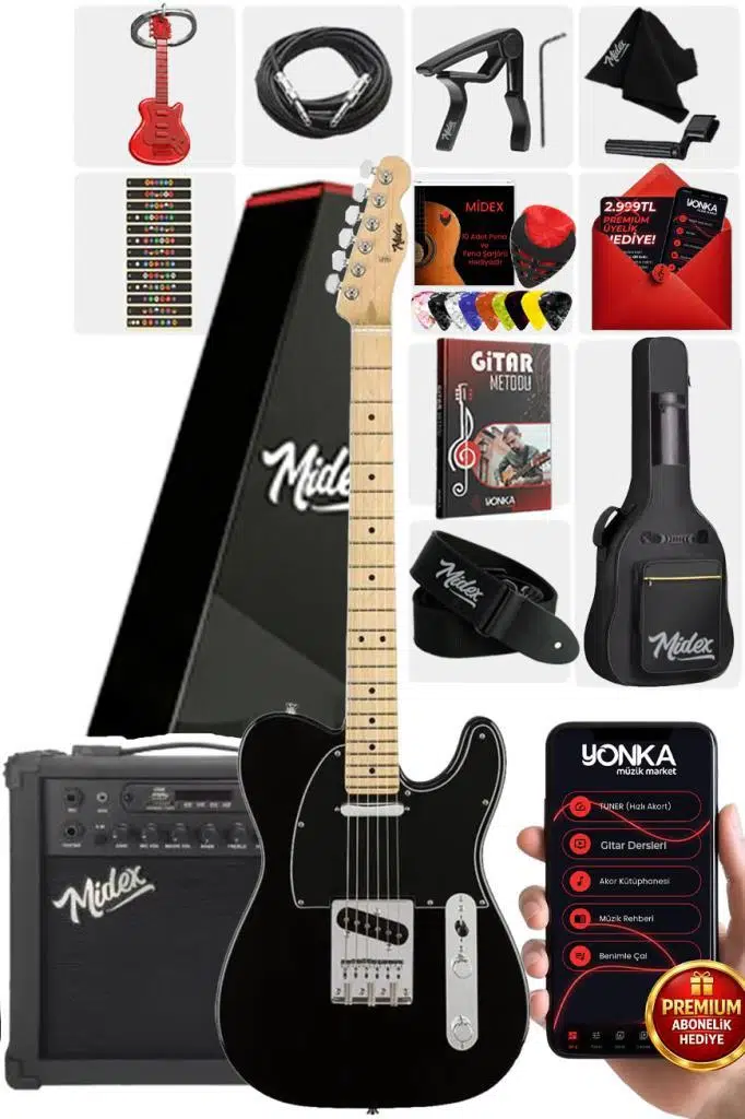 Midex TLX-50BK-25AMP Tele Kasa Maple Klavye 2 Single-Coil 25W Amfili Elektro Gitar