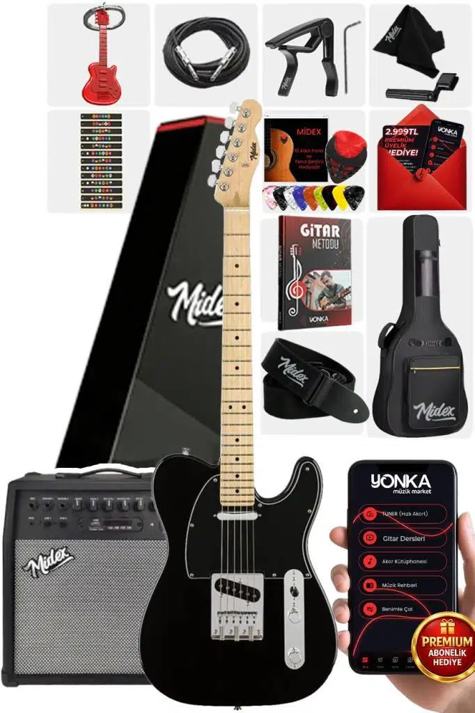 Midex TLX-50BK-50AMP Tele Kasa Maple Klavye 2 Single-Coil 50W Amfili Elektro Gitar