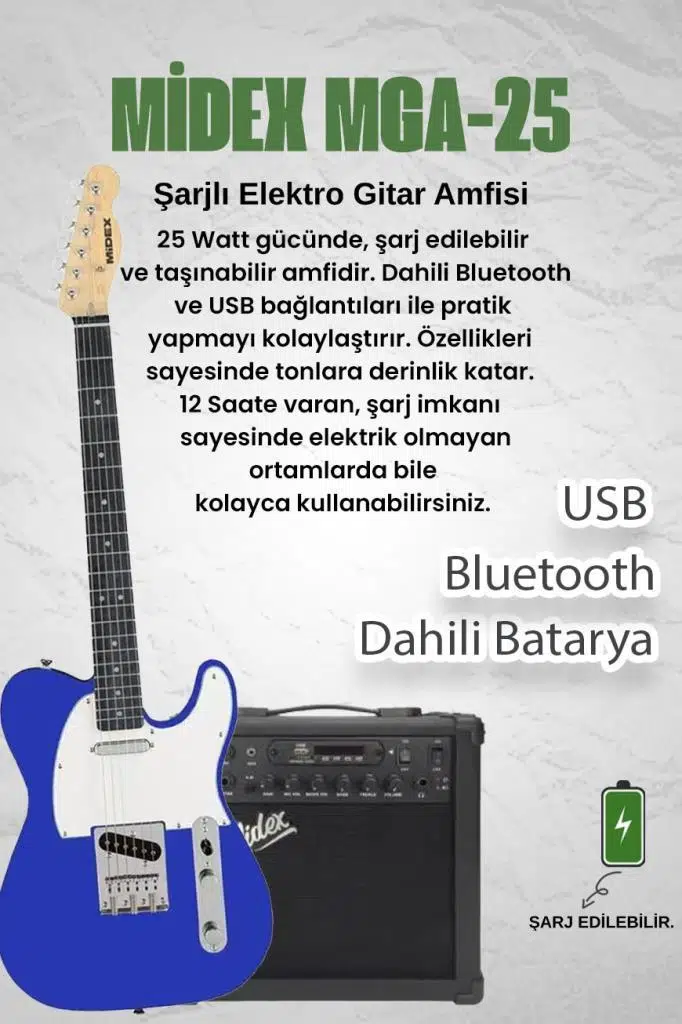 Midex TLX-50BL-25AMP Tele Kasa Maple Klavye 2 Single-Coil 25W Amfili Elektro Gitar