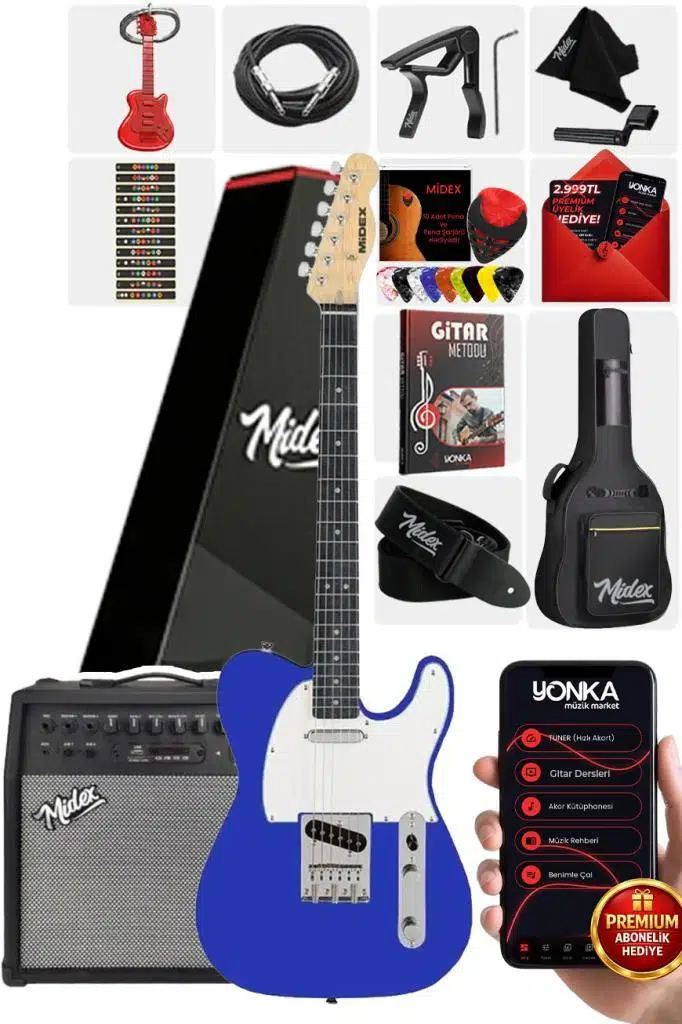 Midex TLX-50BL-50AMP Tele Kasa Maple Klavye 2 Single-Coil 50W Amfili Elektro Gitar