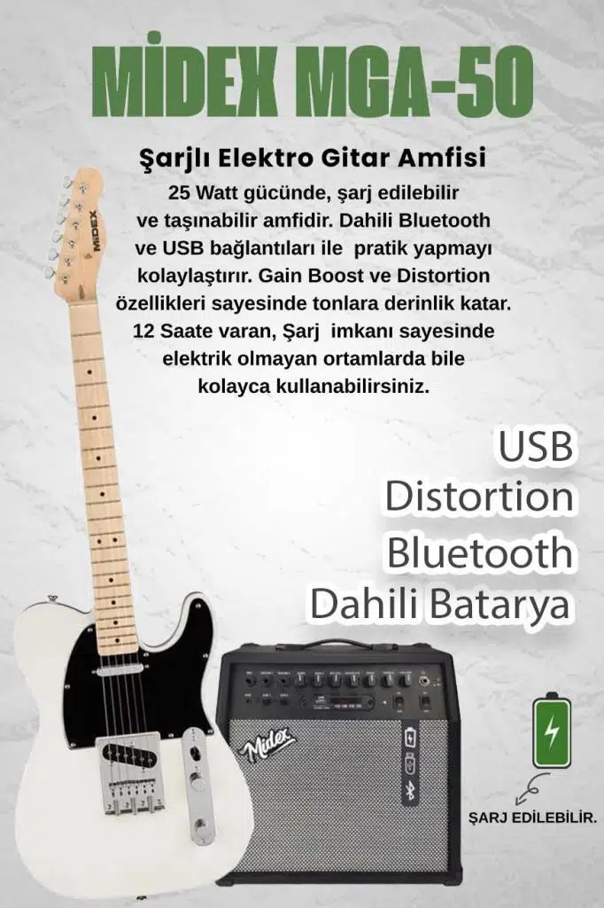 Midex TLX-50CR-50AMP Tele Kasa Maple Klavye 2 Single-Coil 50W Amfili Elektro Gitar