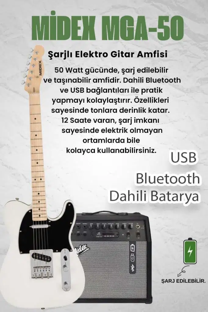 Midex TLX-50CR-50AMP Tele Kasa Maple Klavye 2 Single-Coil 50W Amfili Elektro Gitar