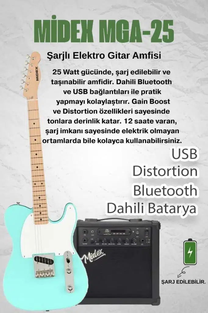 Midex TLX-50GR-25AMP Tele Kasa Maple Klavye 2 Single-Coil 25W Amfili Elektro Gitar
