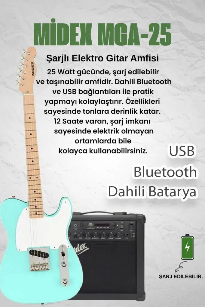 Midex TLX-50GR-25AMP Tele Kasa Maple Klavye 2 Single-Coil 25W Amfili Elektro Gitar