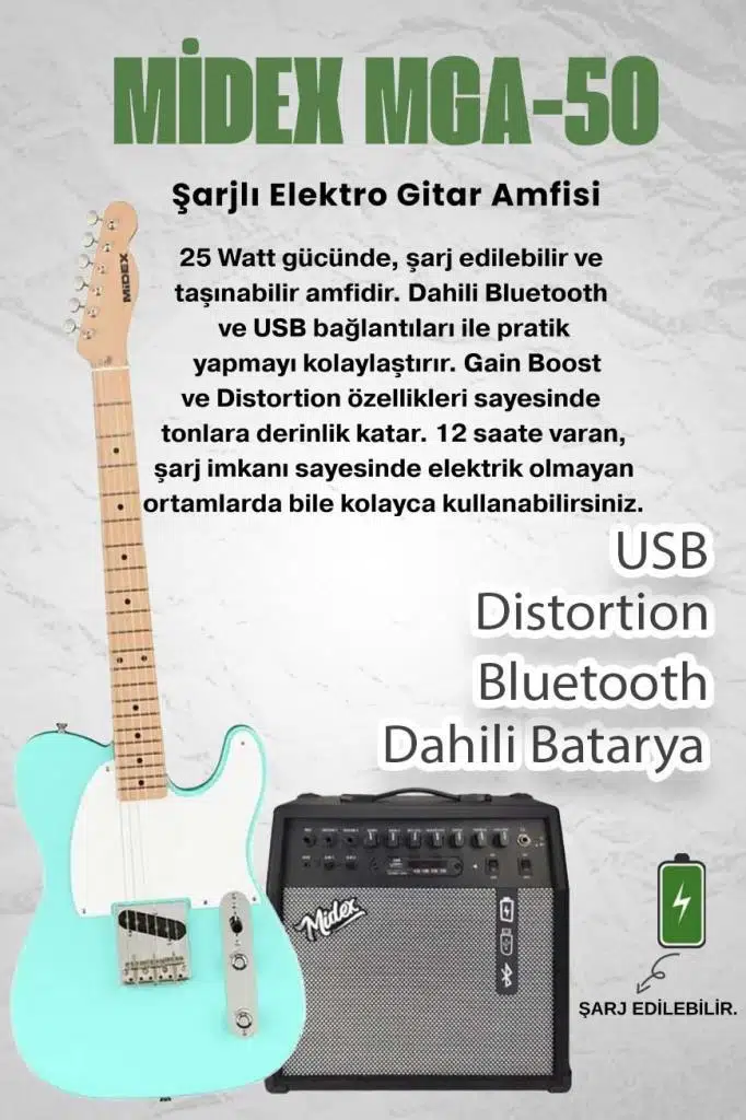 Midex TLX-50GR-50AMP Tele Kasa Maple Klavye 2 Single-Coil 50W Amfili Elektro Gitar Midex TLX-50GR-50AMP Tele Kasa Maple Klavye 2 Single-Coil 50W Amfili Elektro Gitar